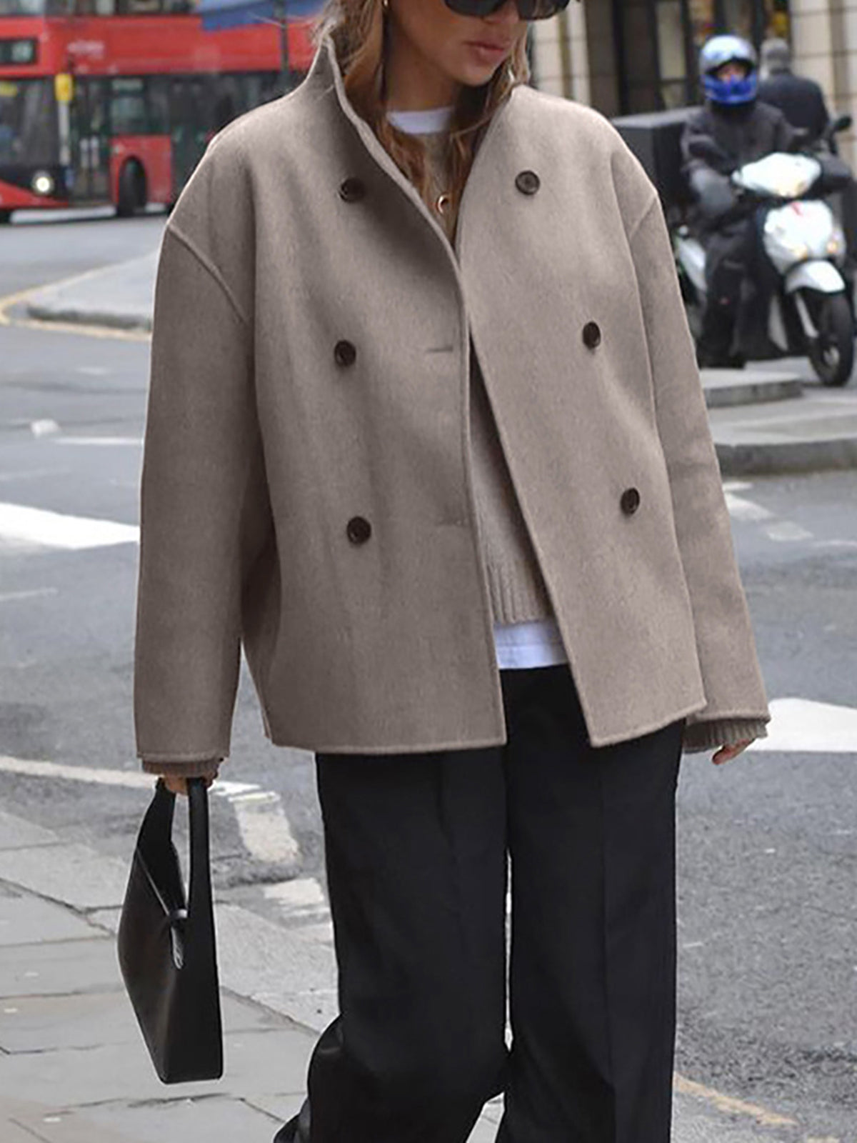GR | Women's jacket - beige short wool jacket with stand-up collar and button closure
