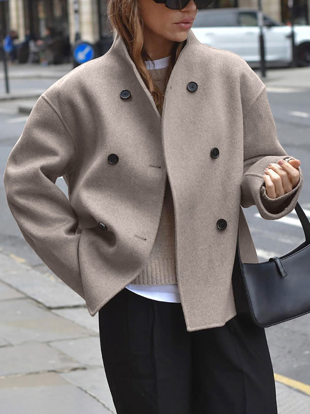 GR | Women's jacket - beige short wool jacket with stand-up collar and button closure