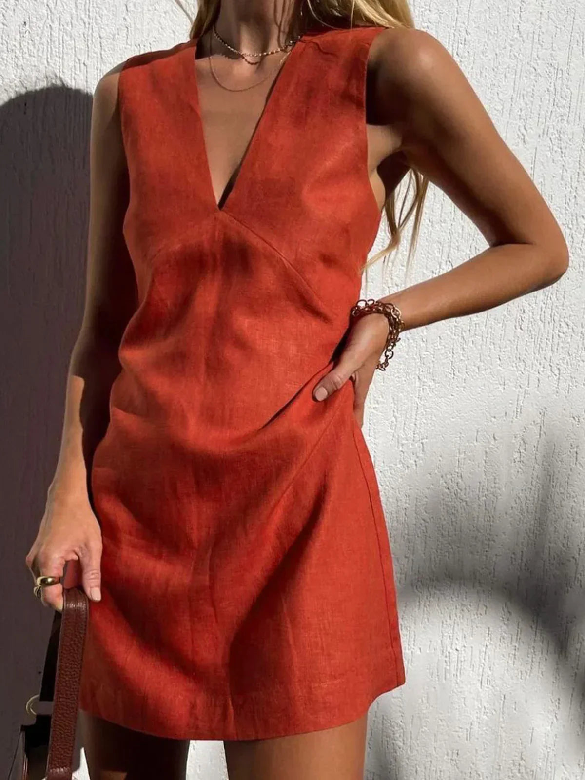 GR | Casual cotton and linen V-neck short dress
