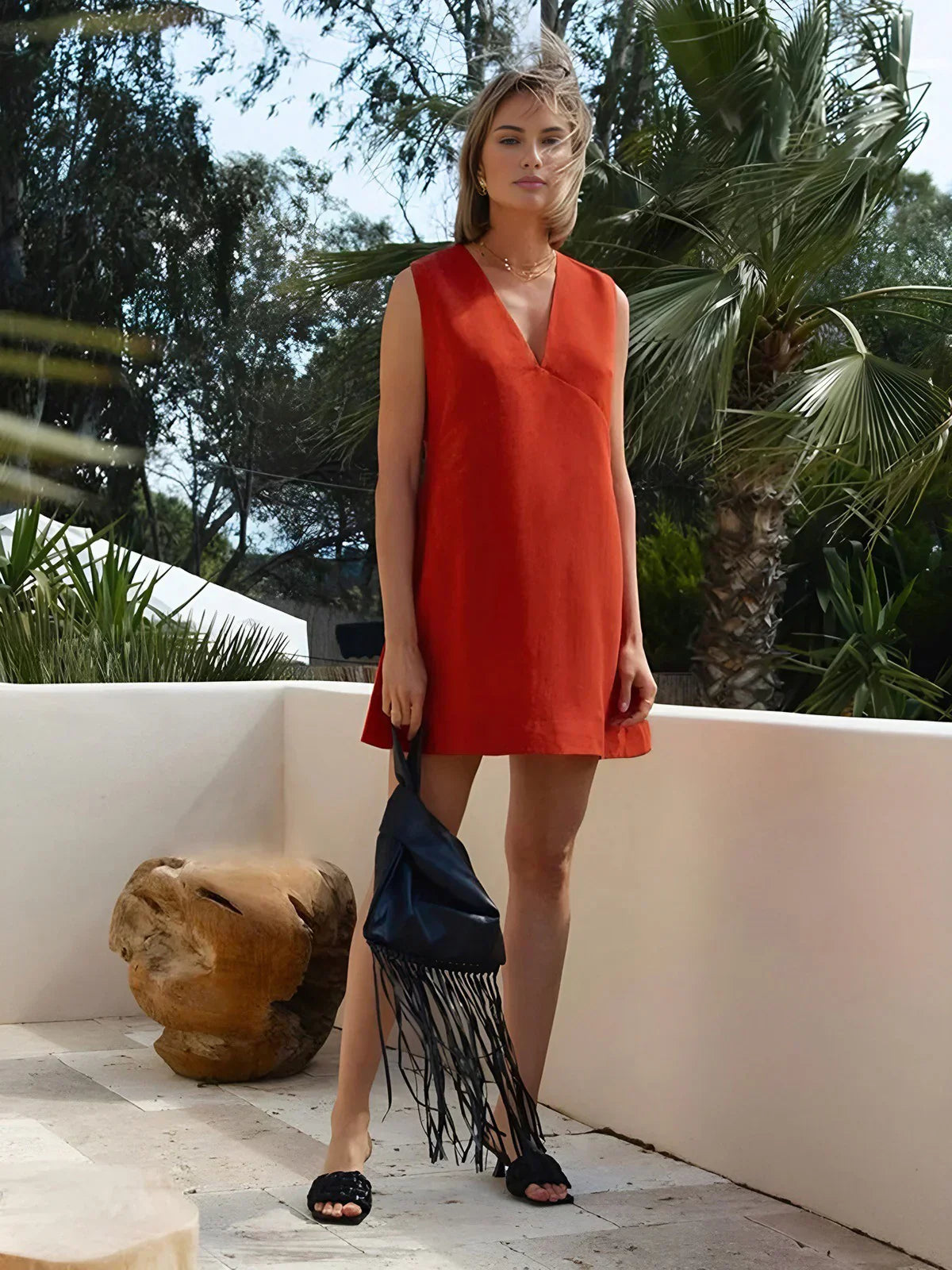GR | Casual cotton and linen V-neck short dress