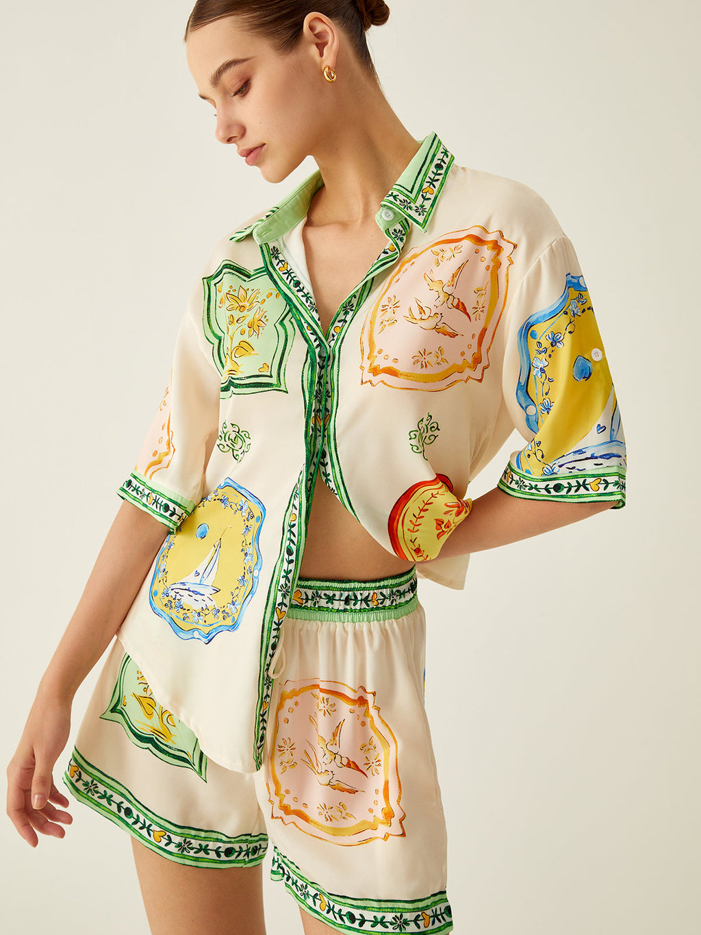GR | Lockere Bedruckte Satin Kurze Hosen Satz