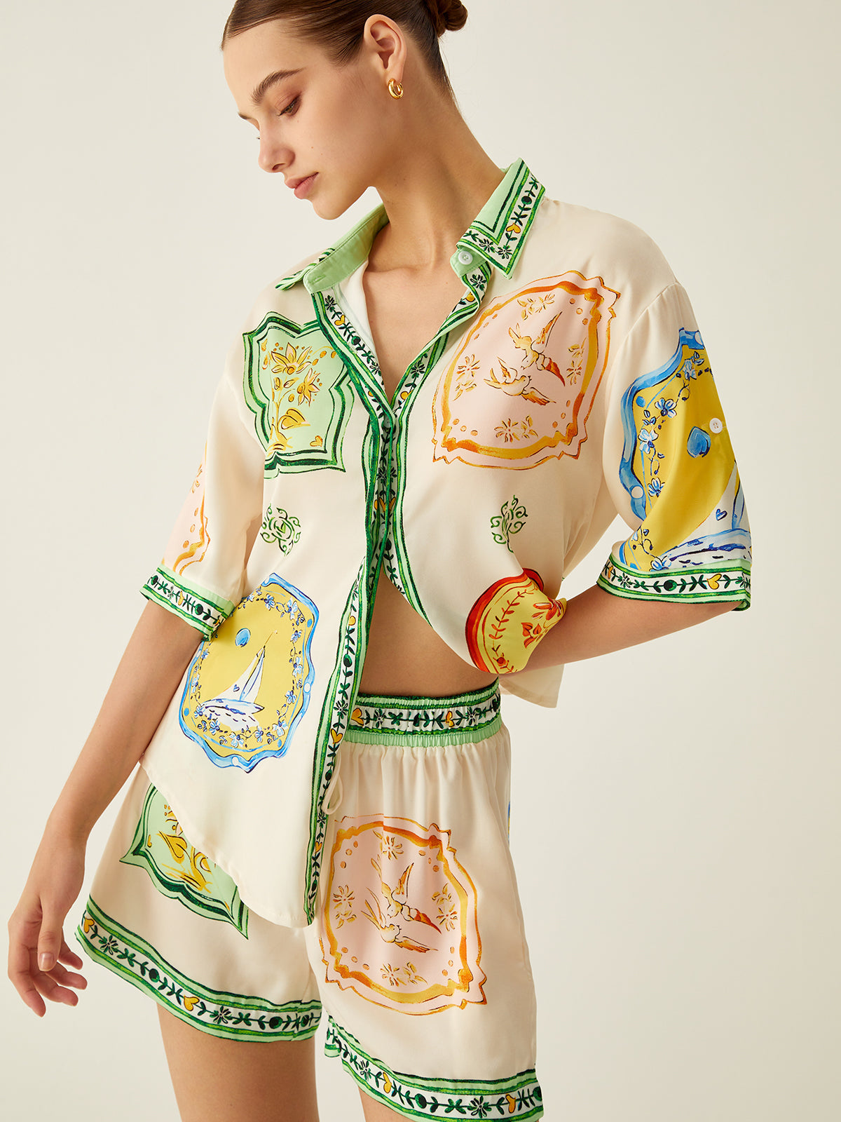 GR | Lockere Bedruckte Satin Kurze Hosen Satz