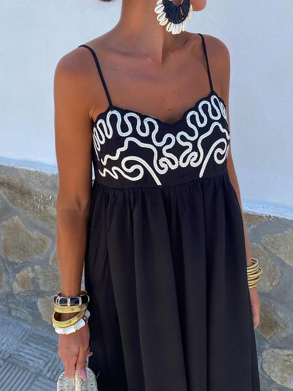 GR | Embroidered ruffled strap long dress