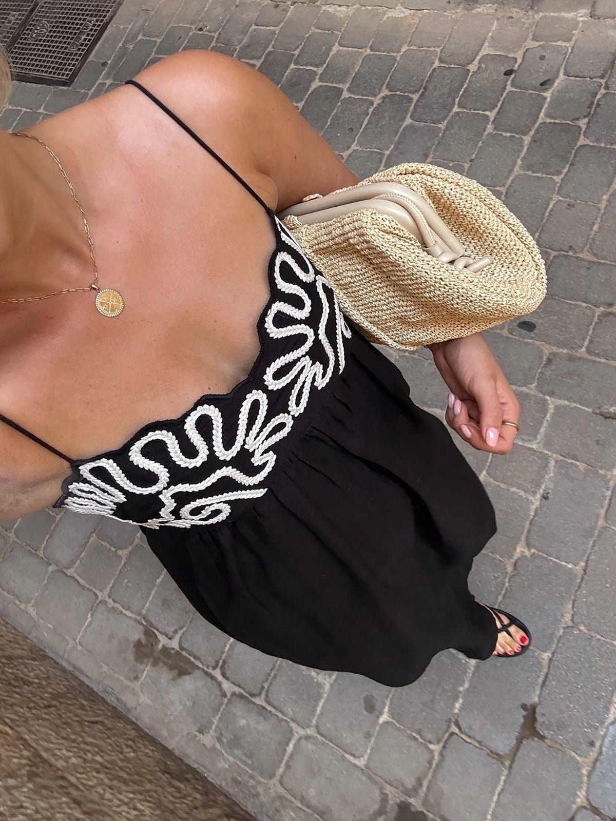 GR | Embroidered ruffled strap long dress