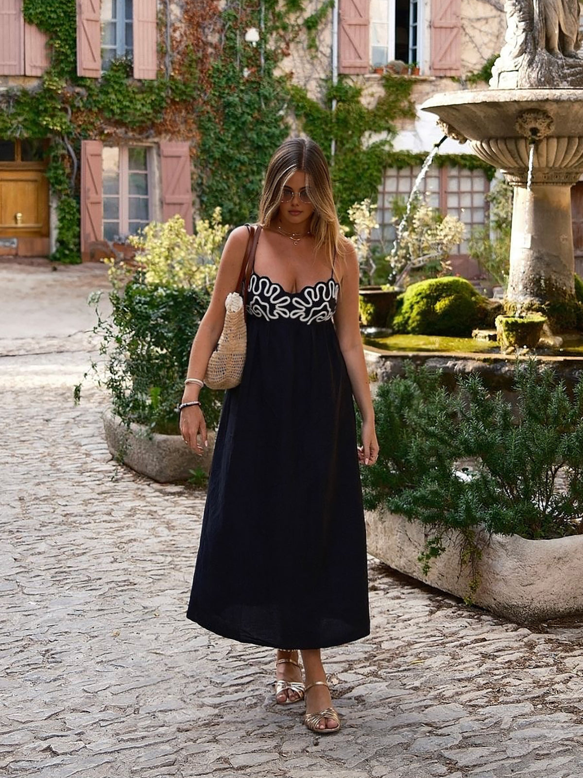 GR | Embroidered ruffled strap long dress