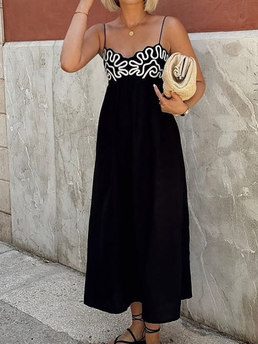 GR | Embroidered ruffled strap long dress