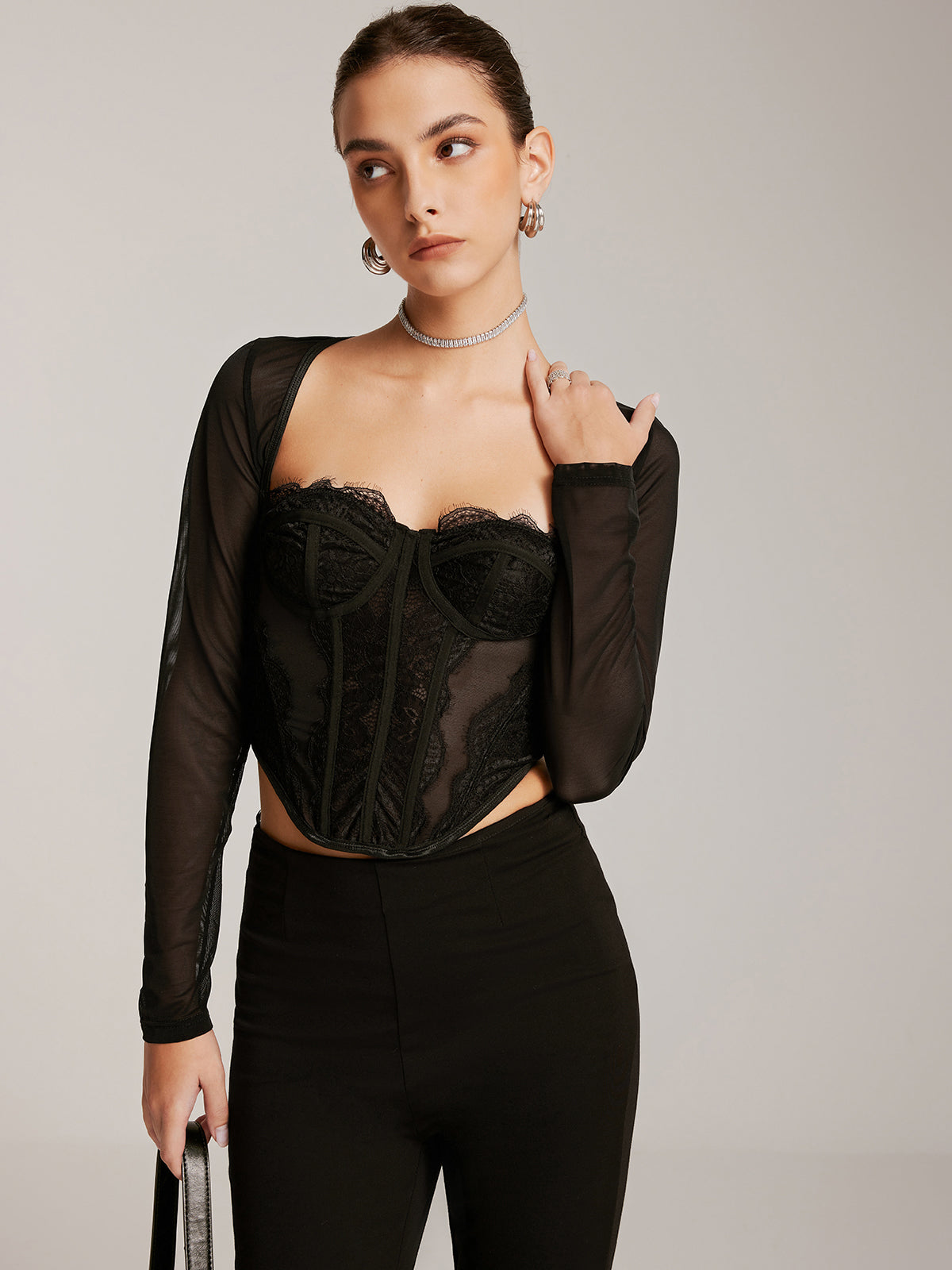 GR | Sheer Long-Sleeved Heart Neck Lace Skinny T-Shirt
