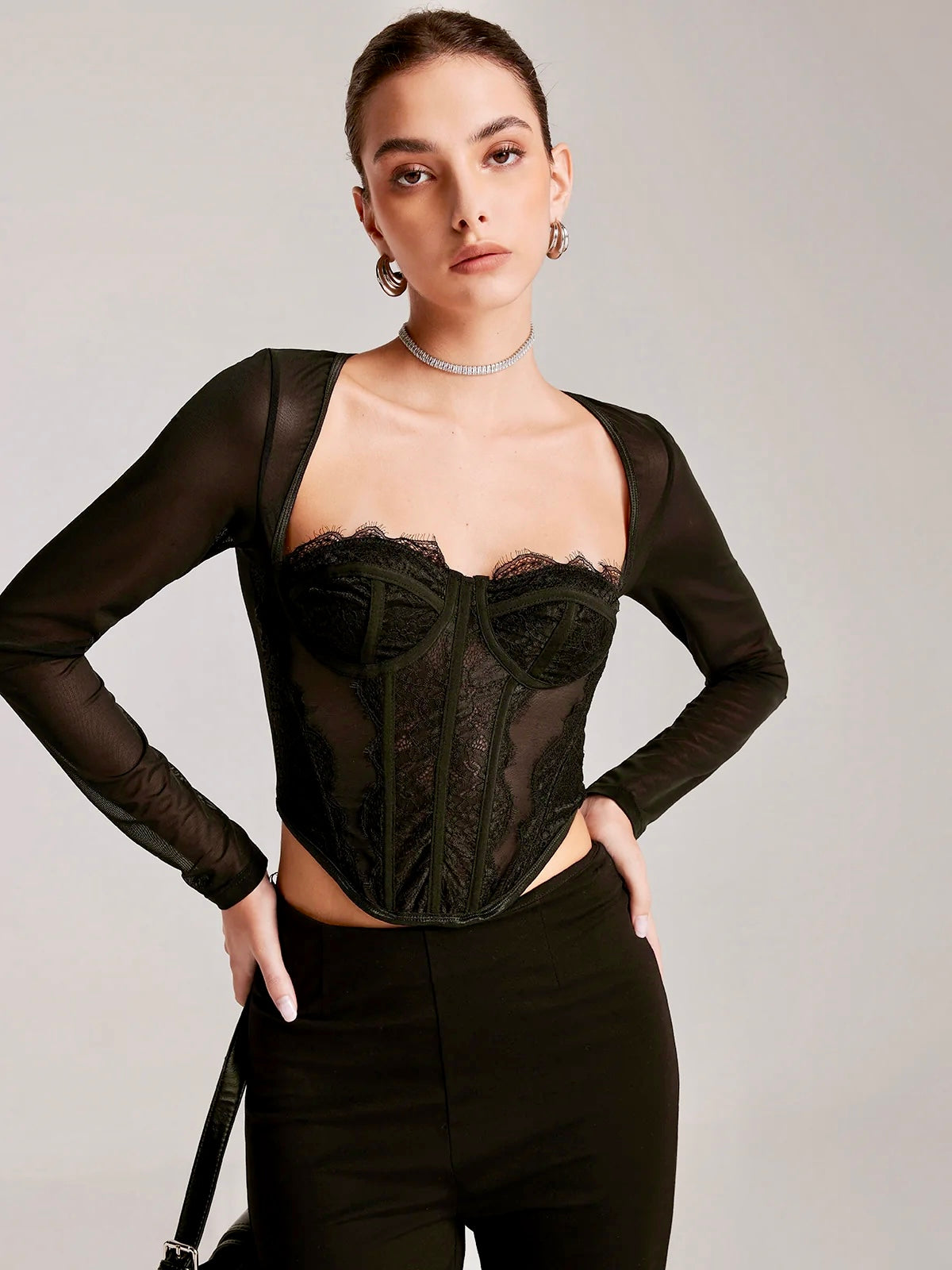 GR | Sheer Long-Sleeved Heart Neck Lace Skinny T-Shirt