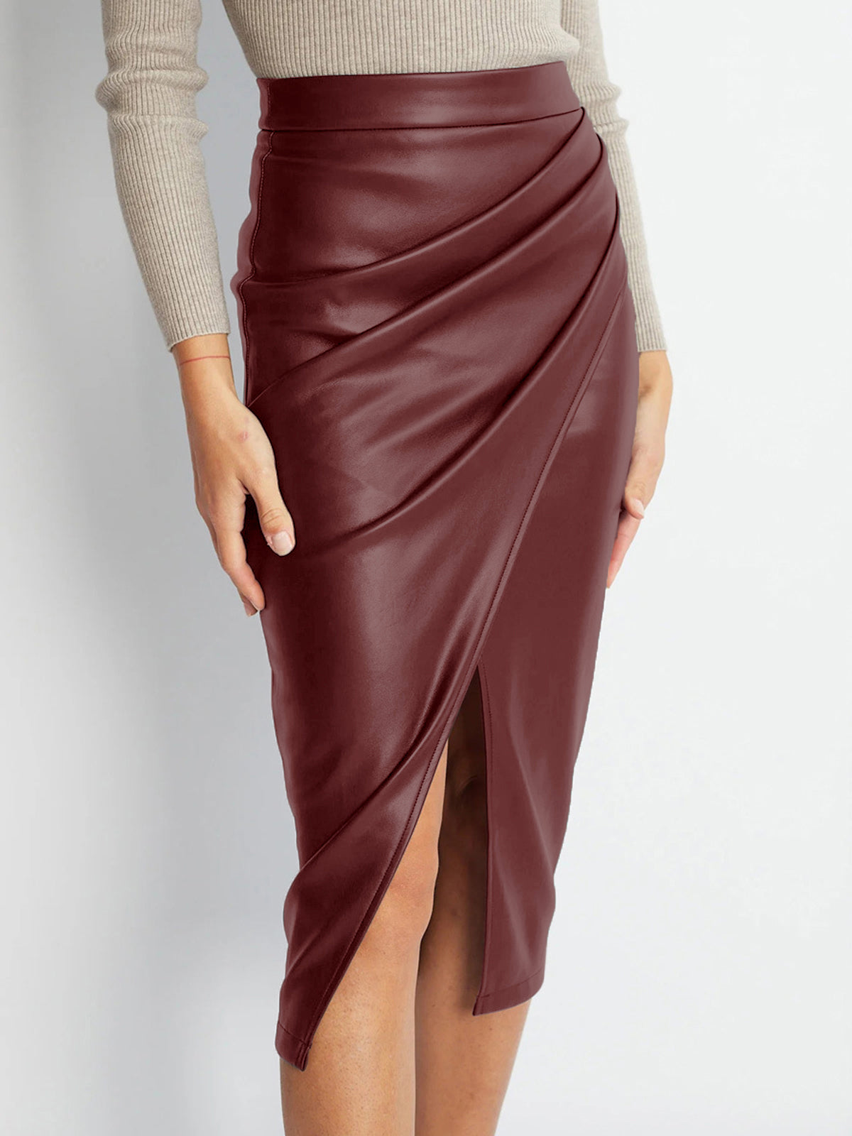 GR | Faltiger Split Pu Lederrock Für Frauen