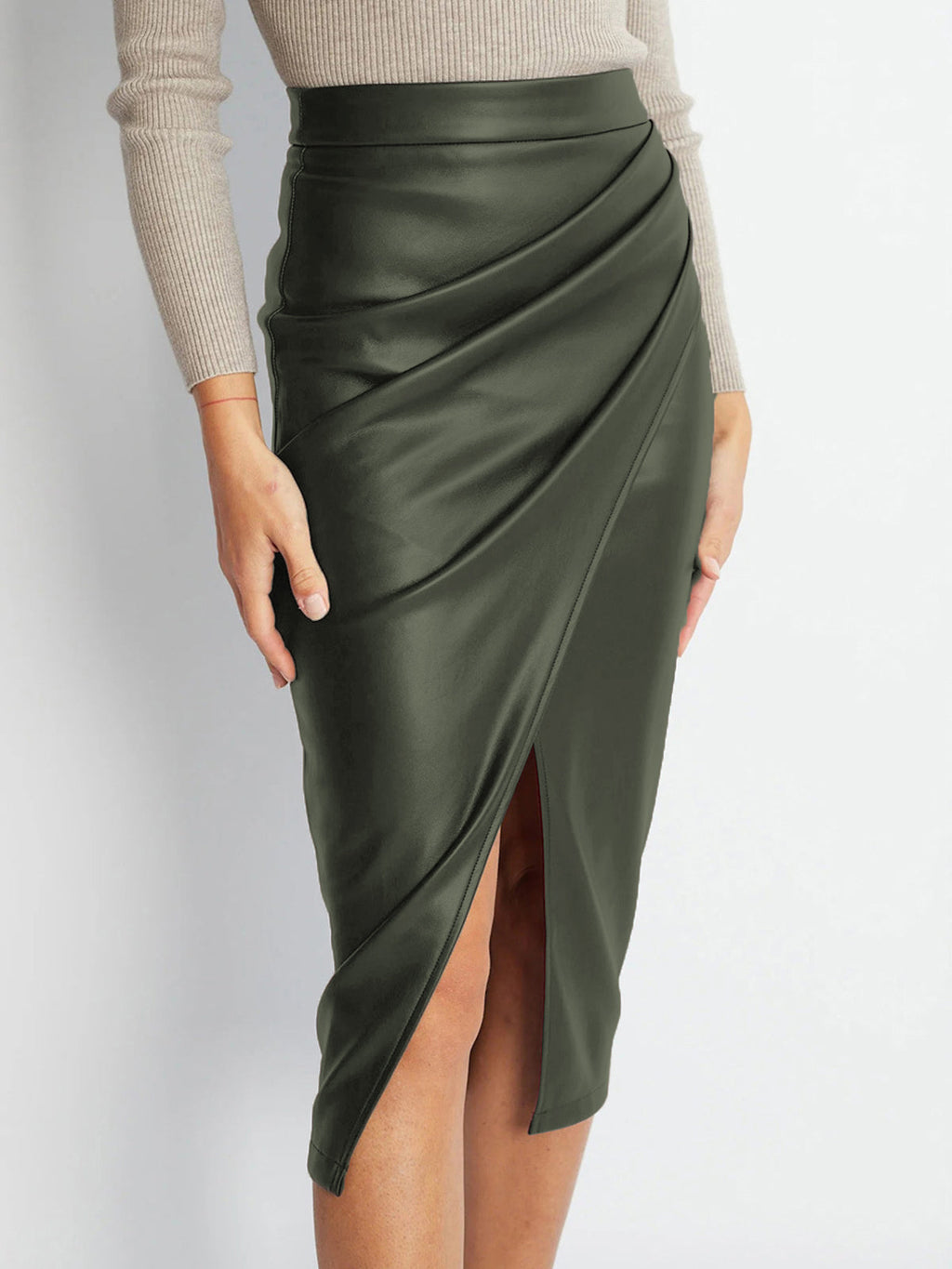 GR | Faltiger Split Pu Lederrock Für Frauen