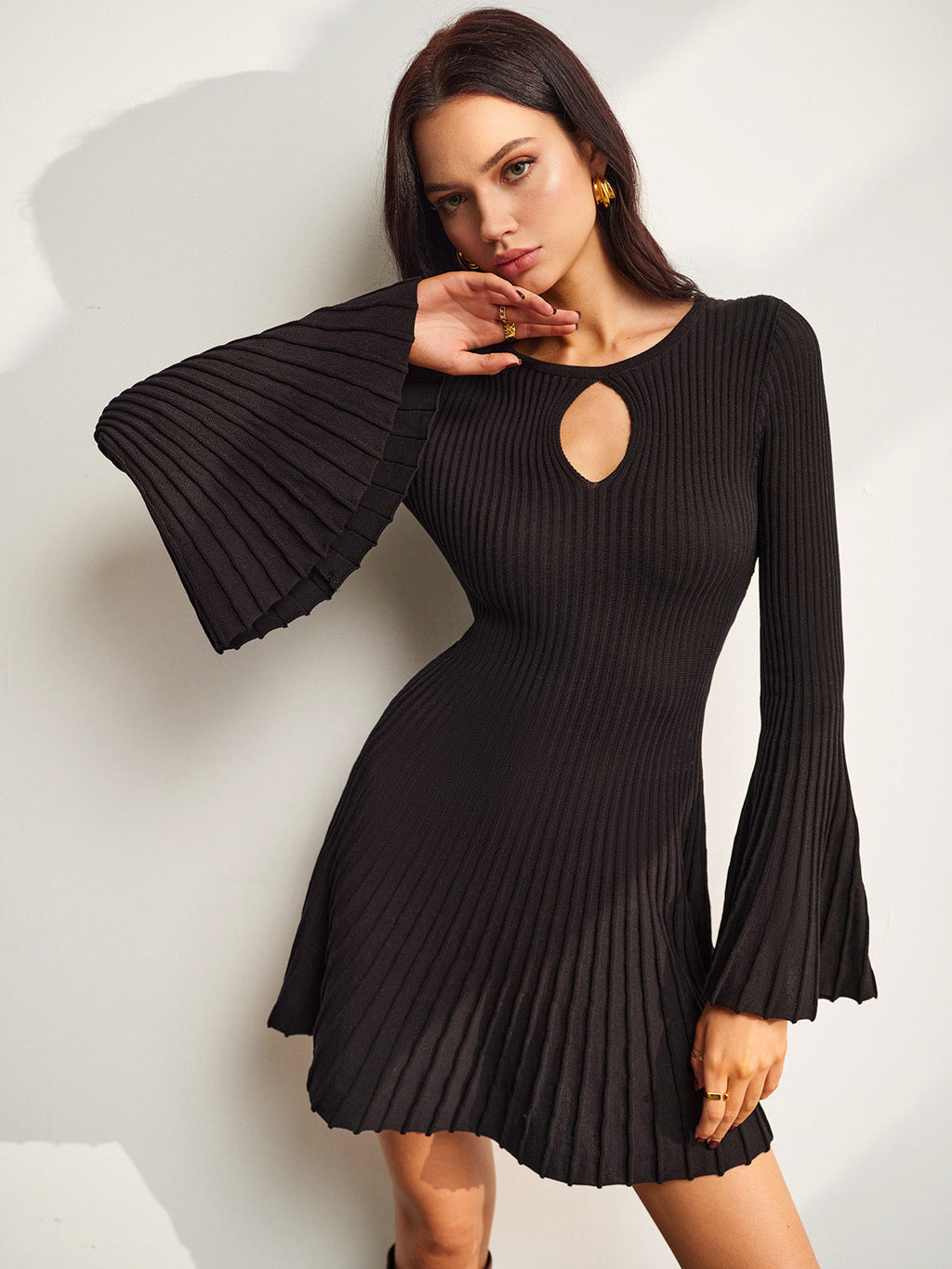 GR | Schlüsselloch Ausschnitt Glockenärmel Pullover Kleid