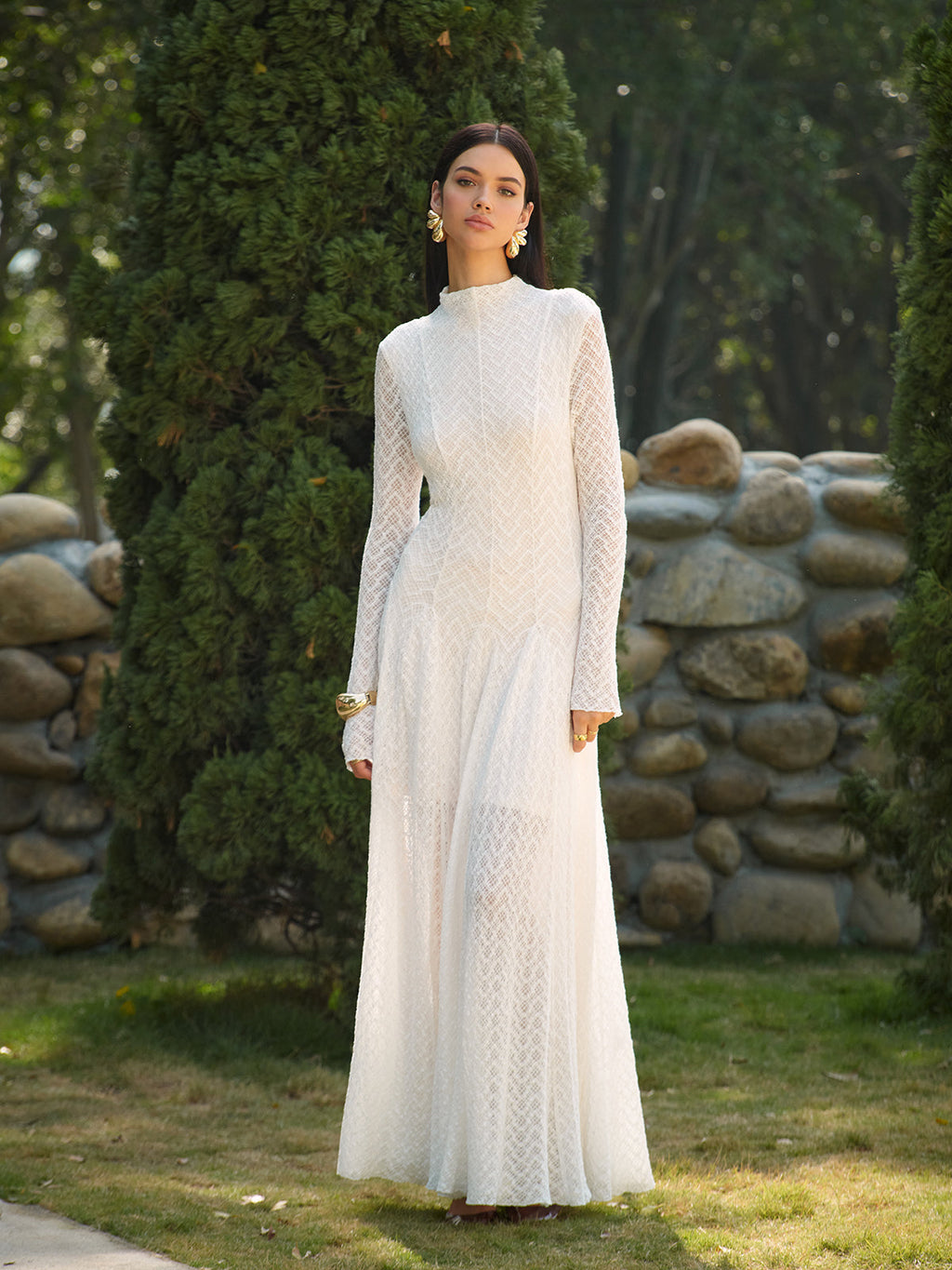 GR | Semi Sheer Gesäßausschnitt Spitze Fließendes Langes Kleid