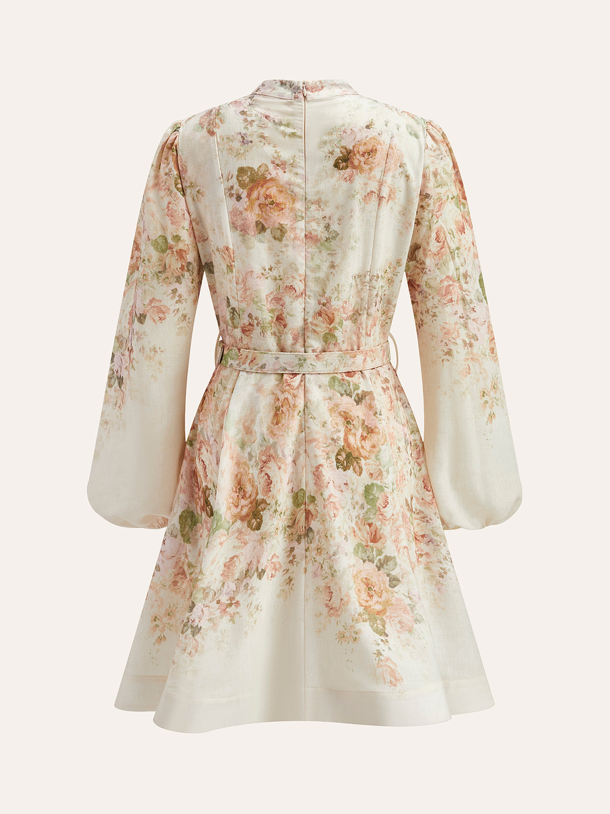 GR | Cotton & Linen Puff Sleeve Floral Belt Dress