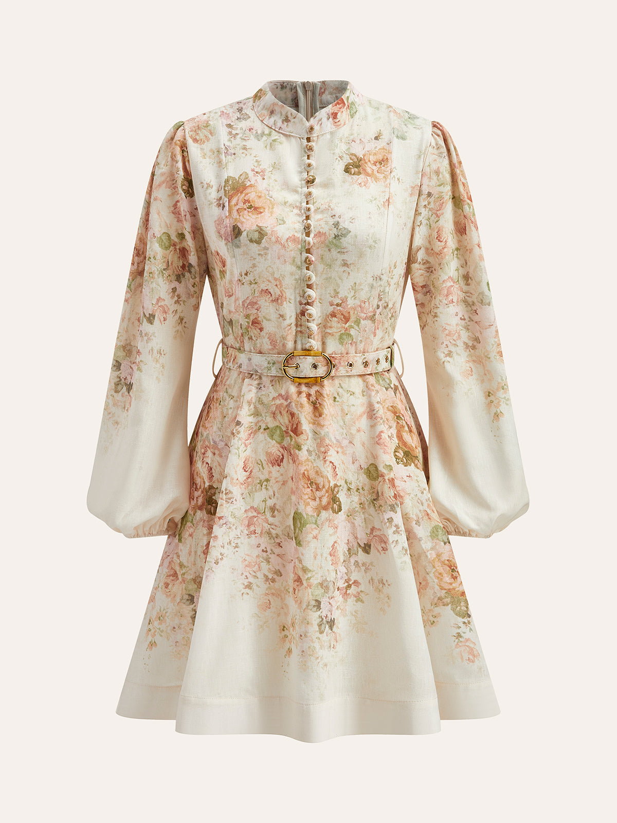 GR | Cotton & Linen Puff Sleeve Floral Belt Dress