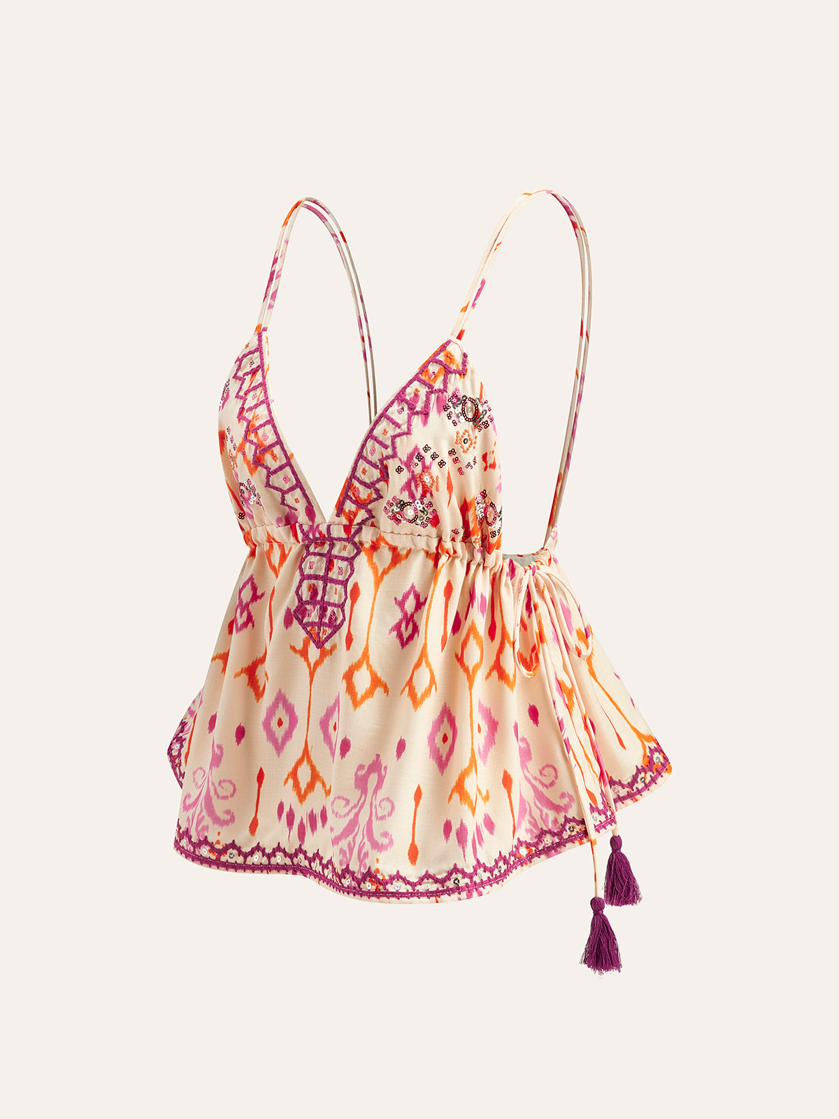 GR | Embroidered Boho Tassel Tie Cami Top