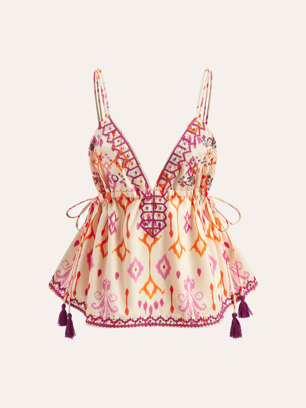 GR | Embroidered Boho Tassel Tie Cami Top