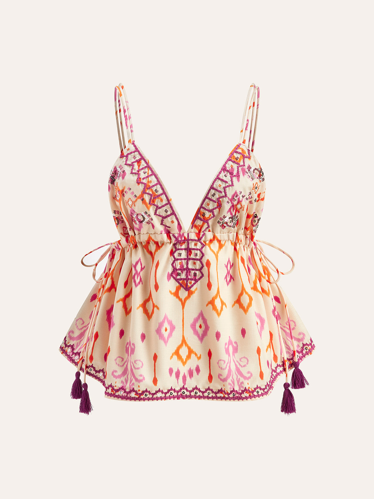 GR | Embroidered Boho Tassel Tie Cami Top