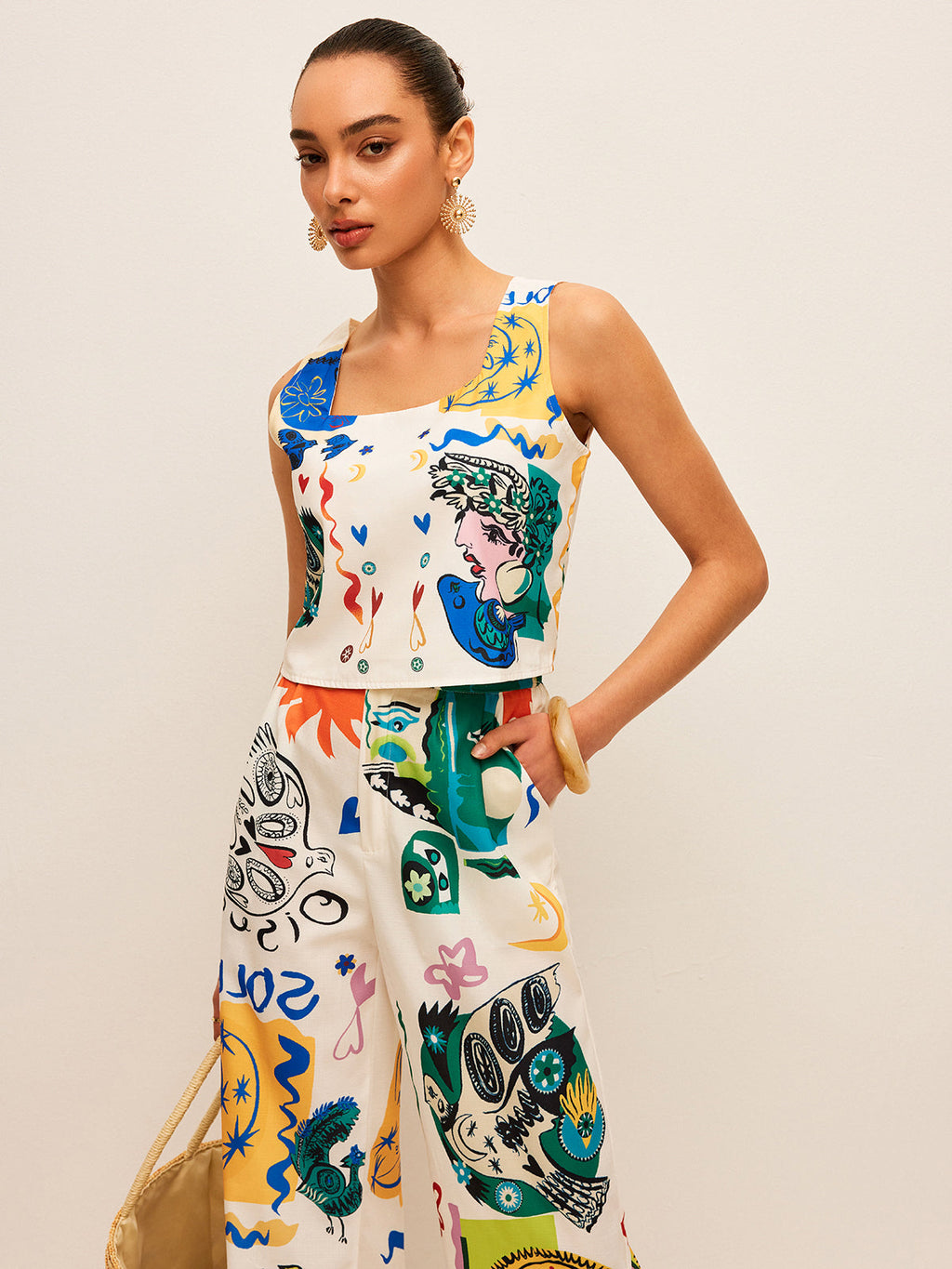 GR | Graphic Print Top with Wide Pants Set