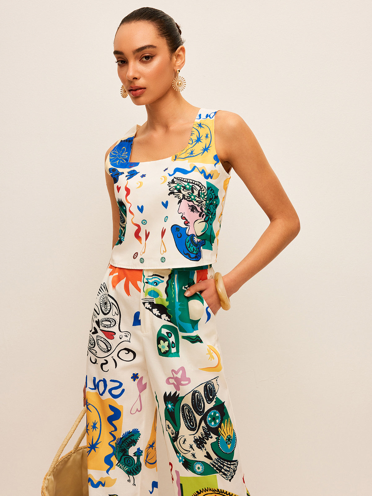 GR | Graphic Print Top with Wide Pants Set