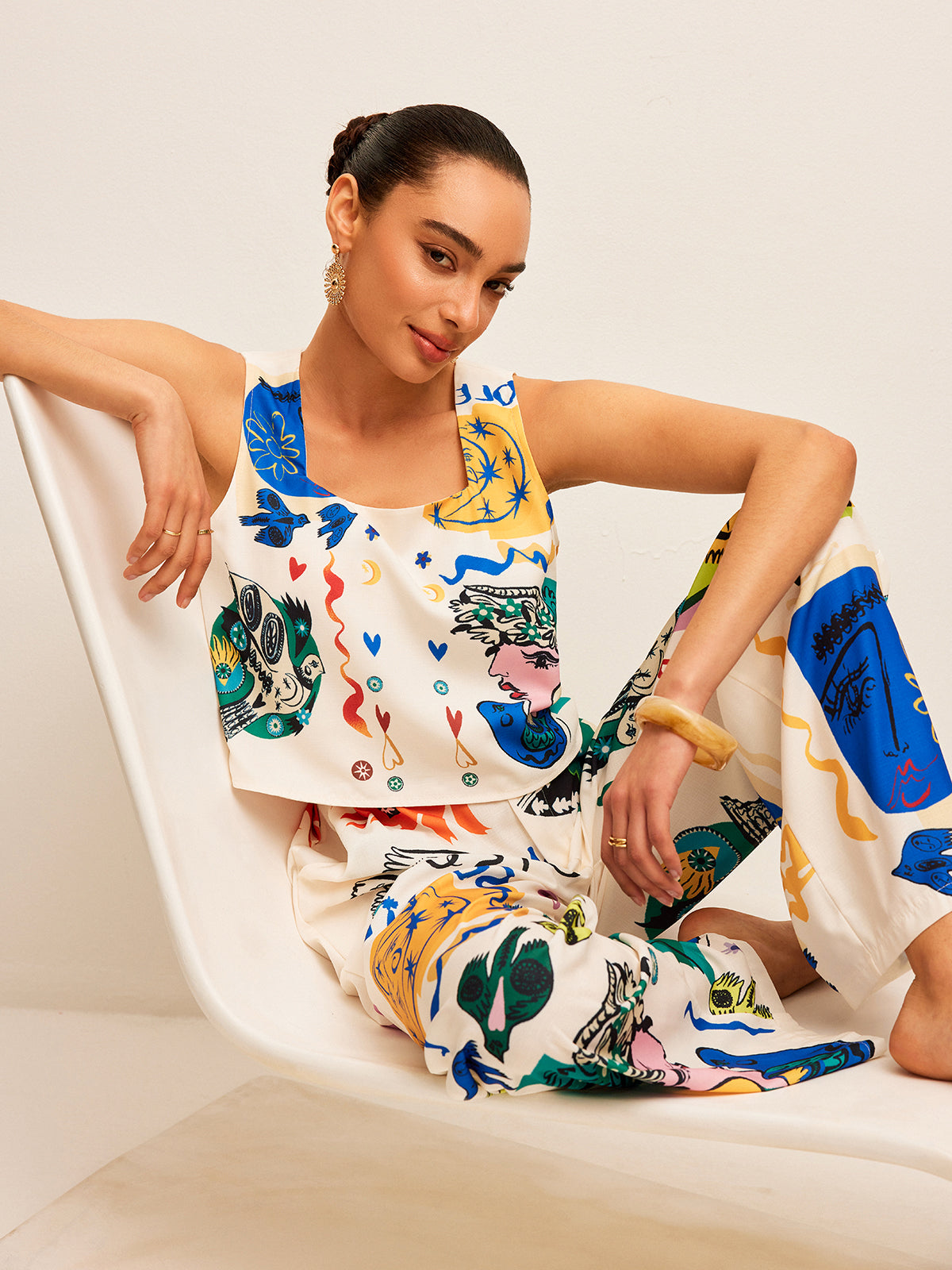 GR | Graphic Print Top with Wide Pants Set