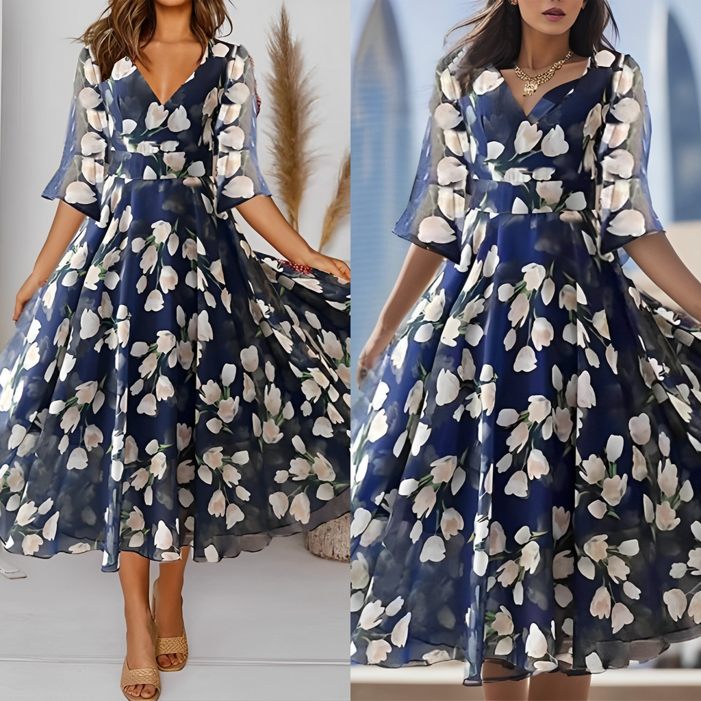 GR | Floral siphonic dress with a wide V-neck