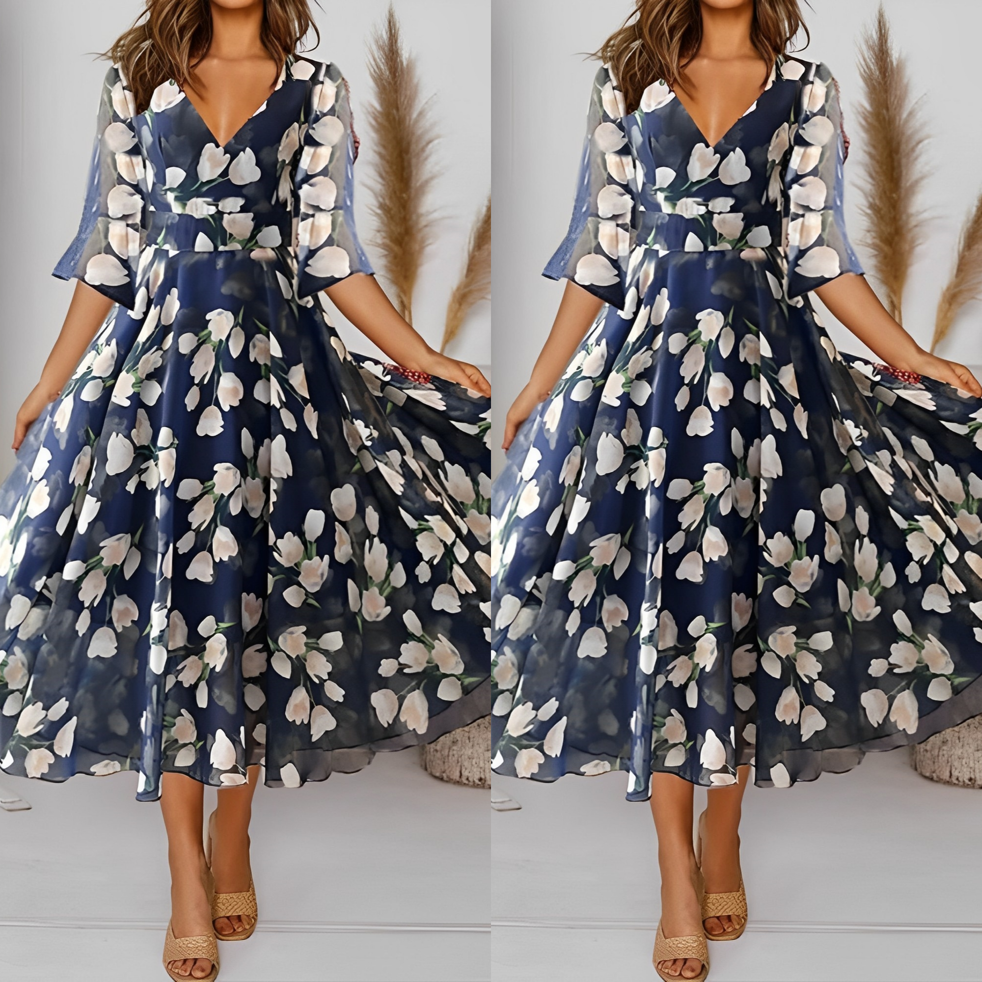 GR | Floral siphonic dress with a wide V-neck