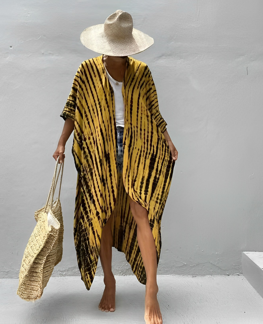 GR Retro Kimono | Long, patterned beach kimono with belt for women