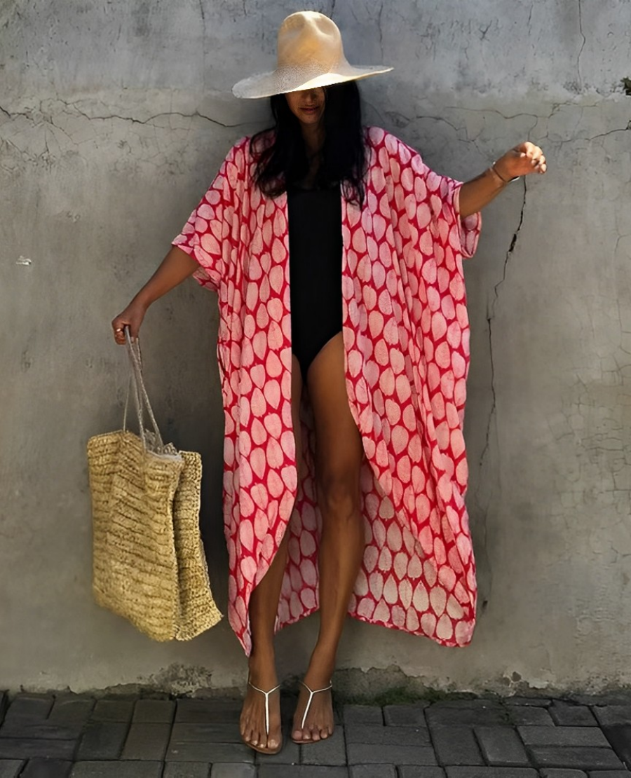 GR Retro Kimono | Long, patterned beach kimono with belt for women