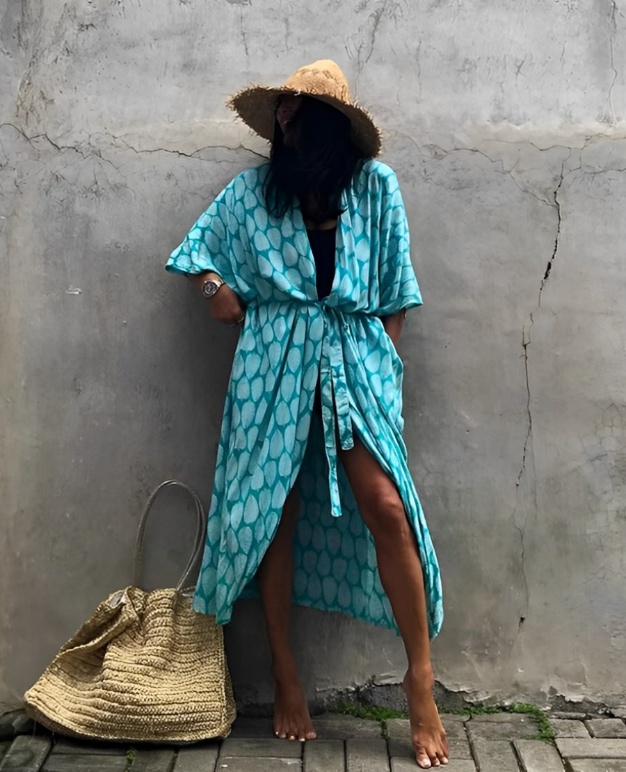 GR Retro Kimono | Long, patterned beach kimono with belt for women
