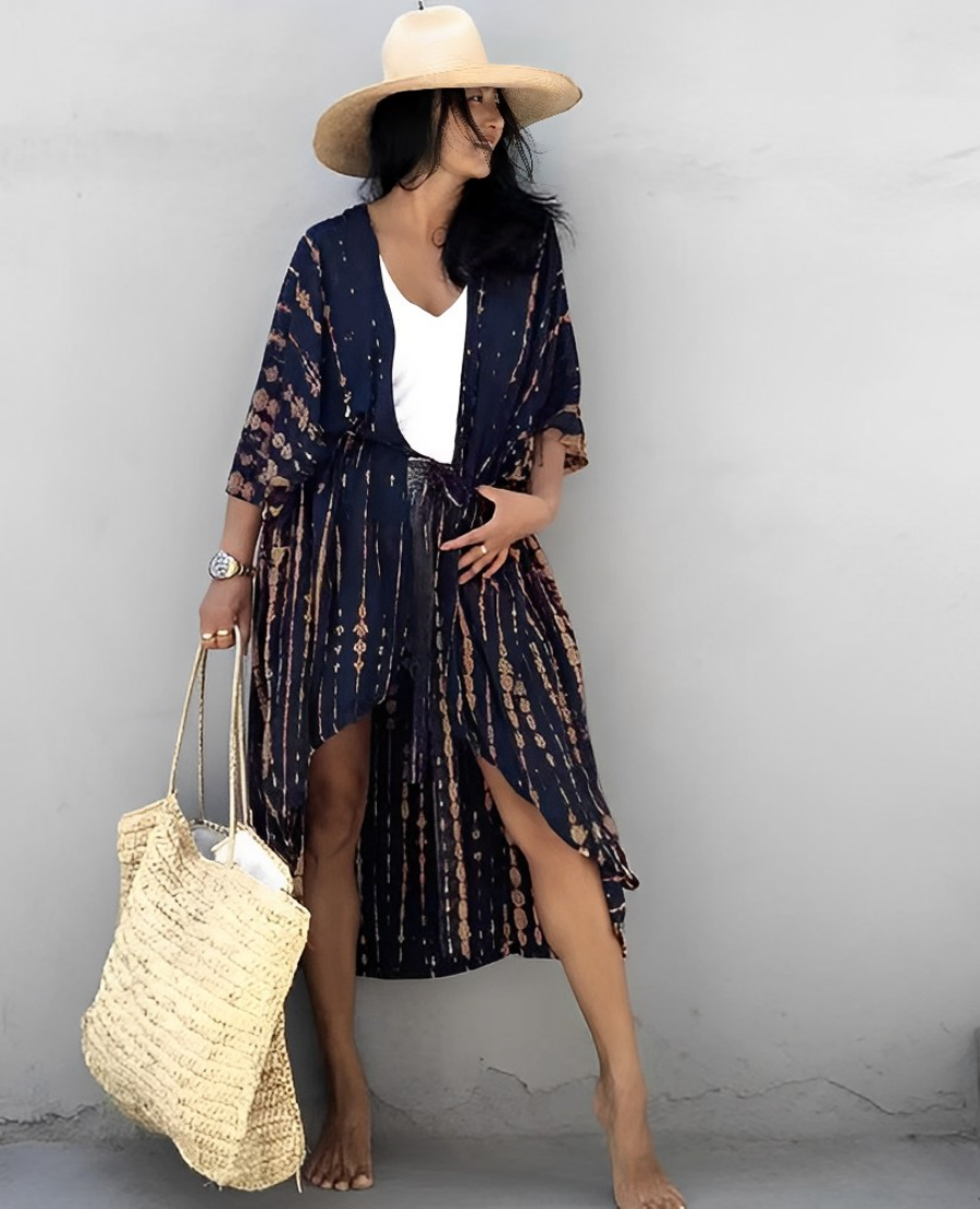 GR Retro Kimono | Long, patterned beach kimono with belt for women
