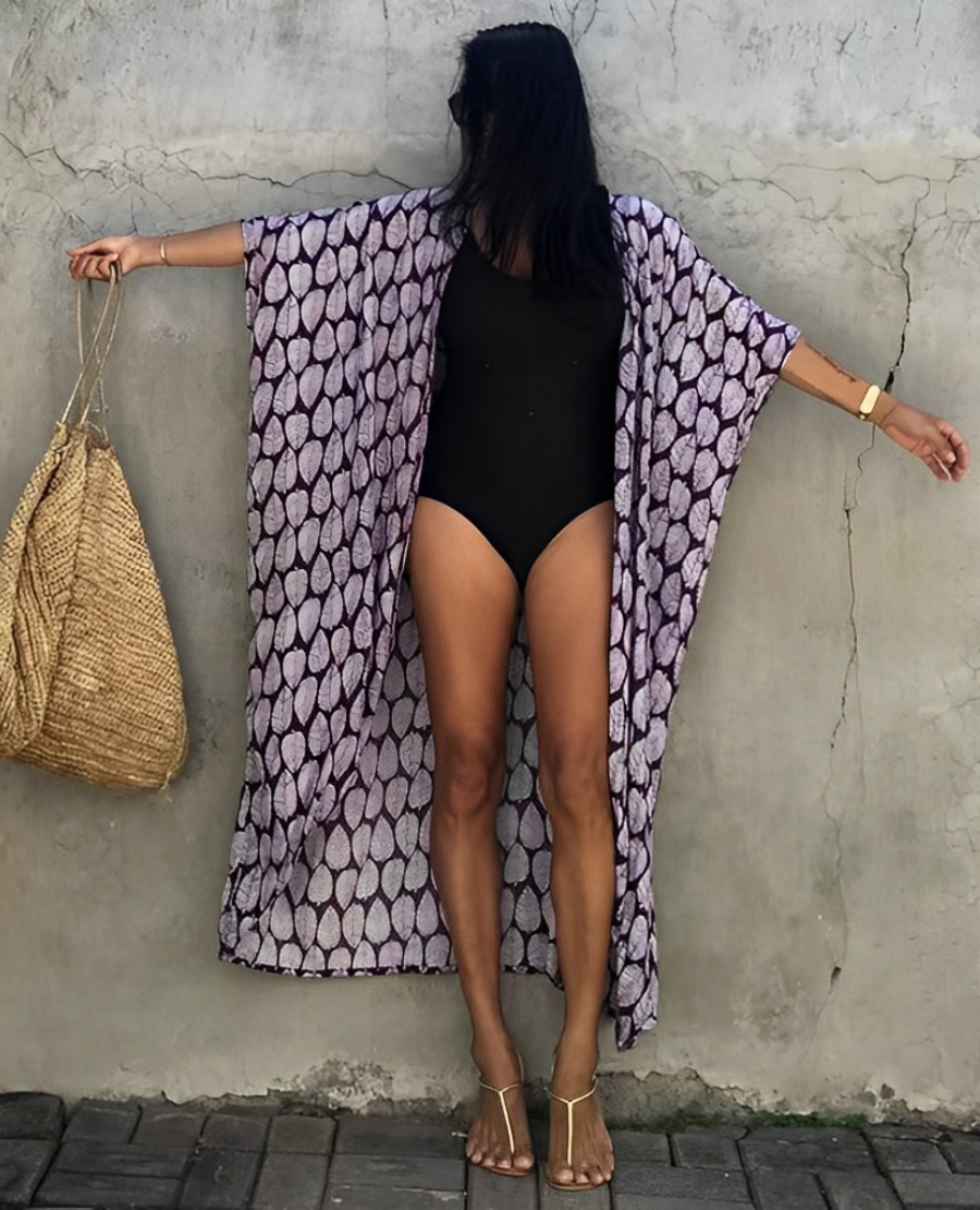 GR Retro Kimono | Long, patterned beach kimono with belt for women