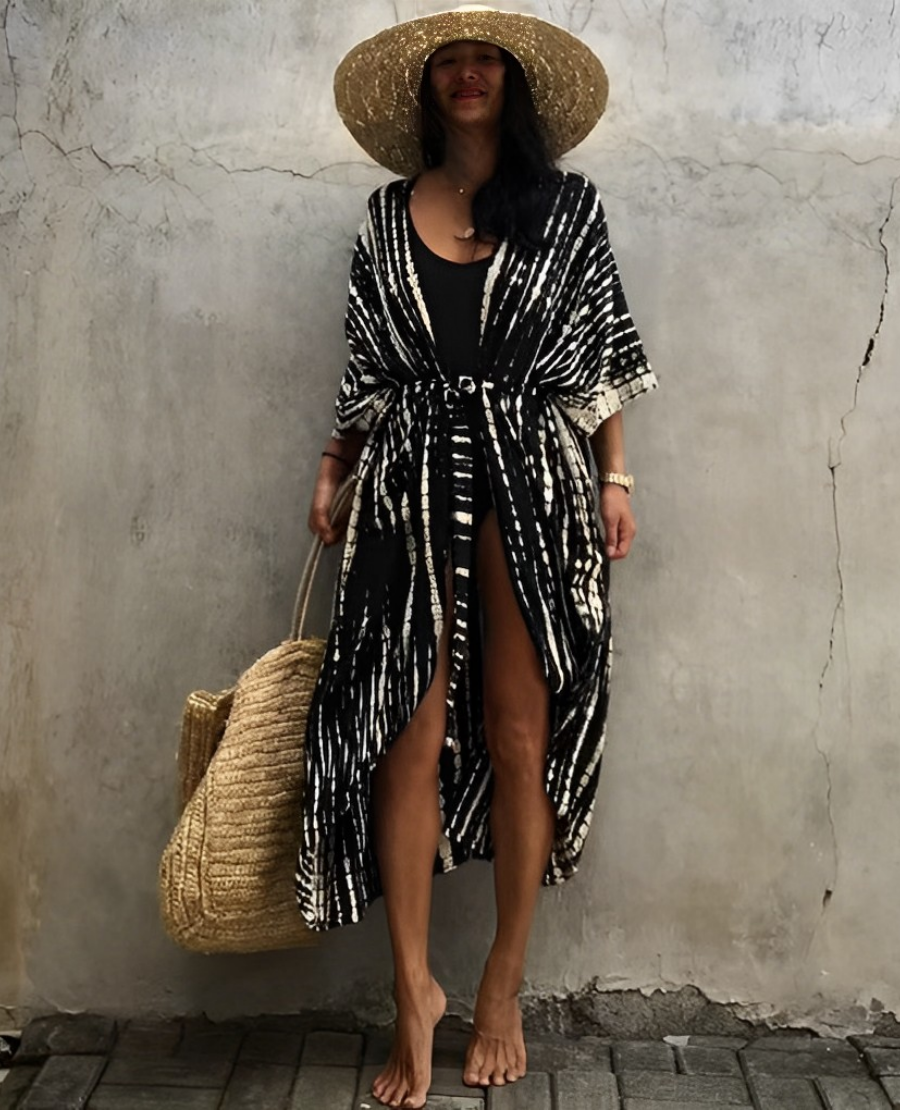 GR Retro Kimono | Long, patterned beach kimono with belt for women