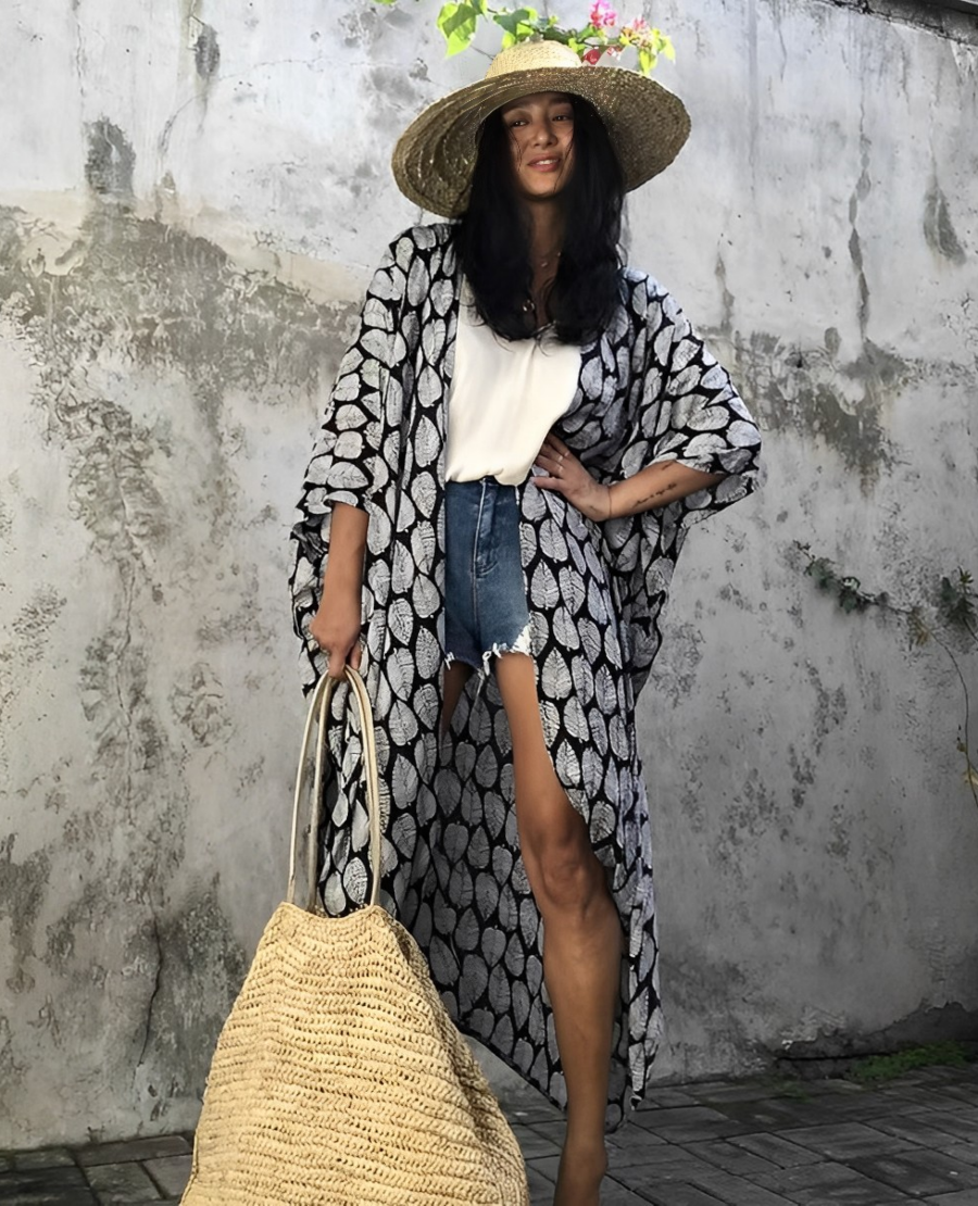 GR Retro Kimono | Long, patterned beach kimono with belt for women