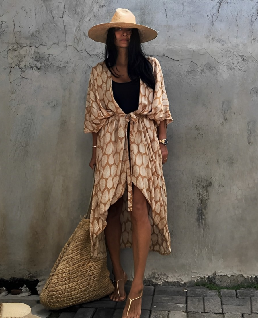 GR Retro Kimono | Long, patterned beach kimono with belt for women