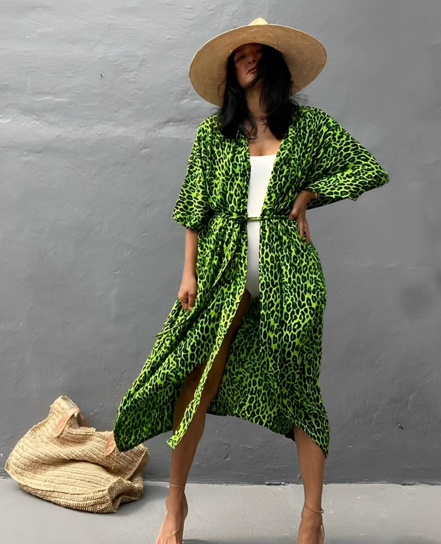 GR Retro Kimono | Long, patterned beach kimono with belt for women