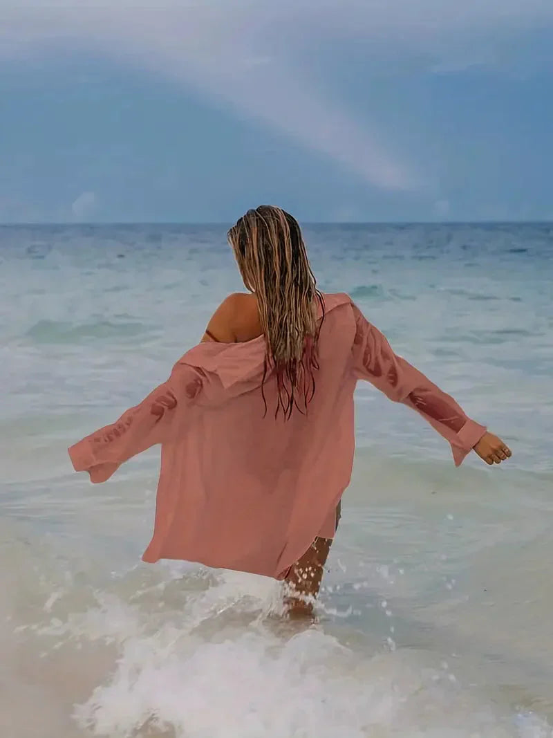 GR | Cover-Up Semi-Transparent Long-Sleeved Linen Shirt Bikini Cover-Up