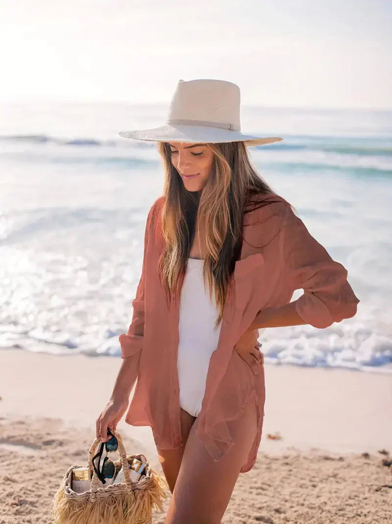 GR | Cover-Up Semi-Transparent Long-Sleeved Linen Shirt Bikini Cover-Up
