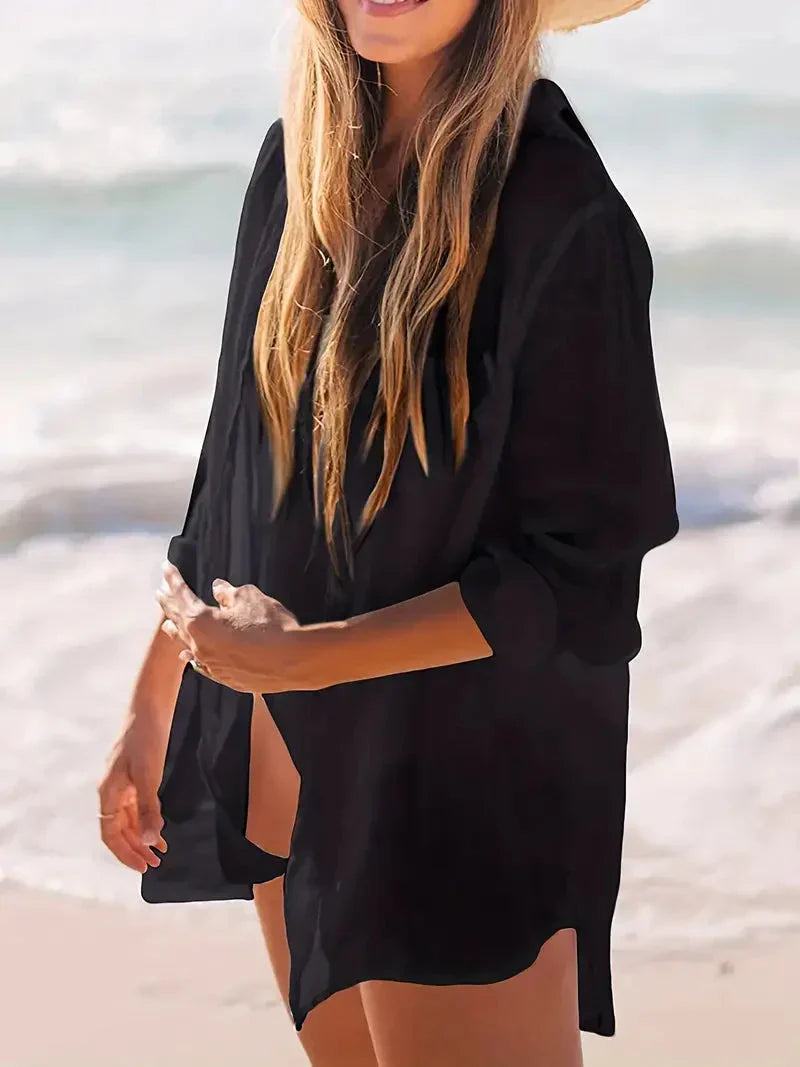GR | Cover-Up Semi-Transparent Long-Sleeved Linen Shirt Bikini Cover-Up