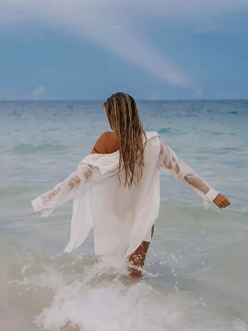 GR | Cover-Up Semi-Transparent Long-Sleeved Linen Shirt Bikini Cover-Up