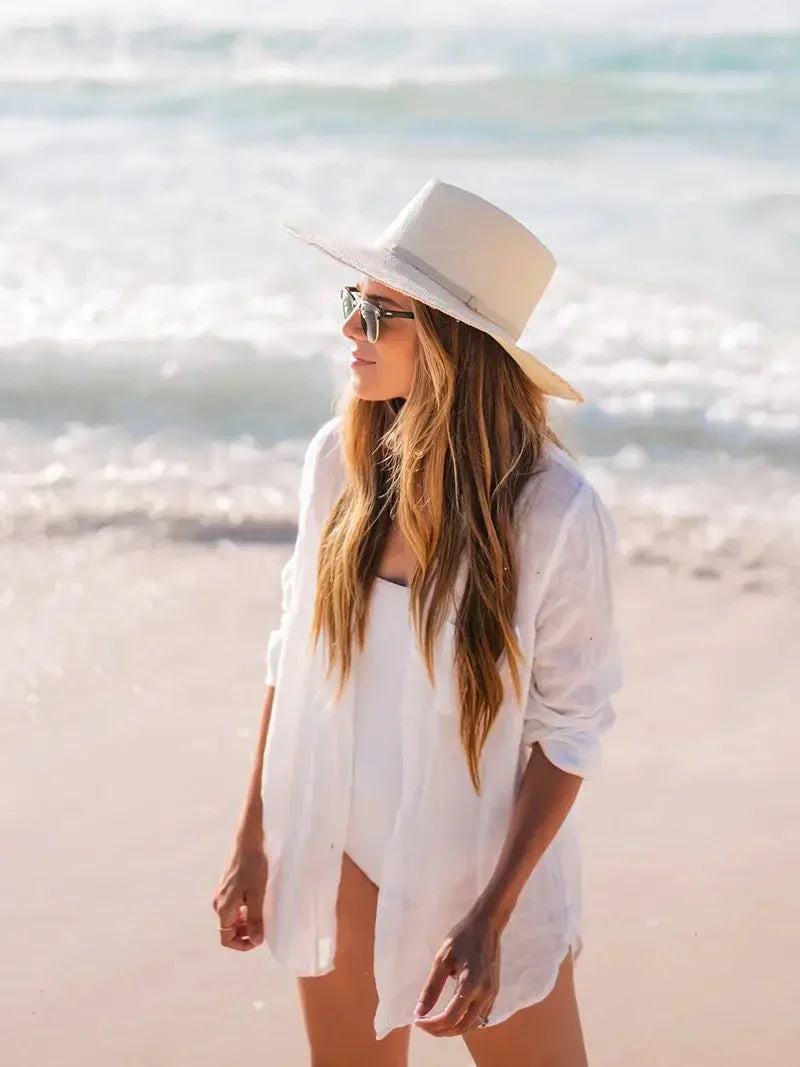 GR | Cover-Up Semi-Transparent Long-Sleeved Linen Shirt Bikini Cover-Up