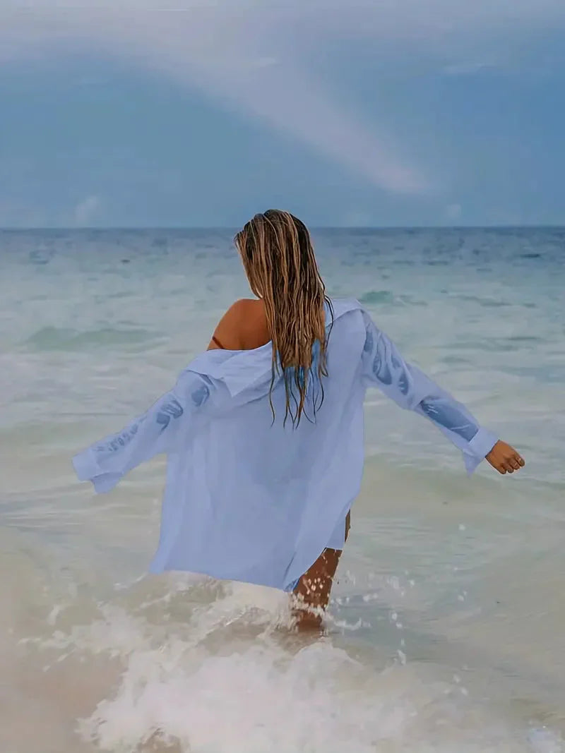 GR | Cover-Up Semi-Transparent Long-Sleeved Linen Shirt Bikini Cover-Up