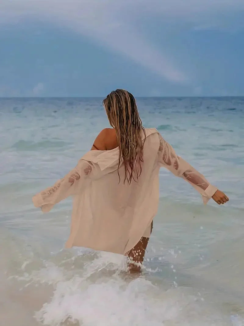 GR | Cover-Up Semi-Transparent Long-Sleeved Linen Shirt Bikini Cover-Up