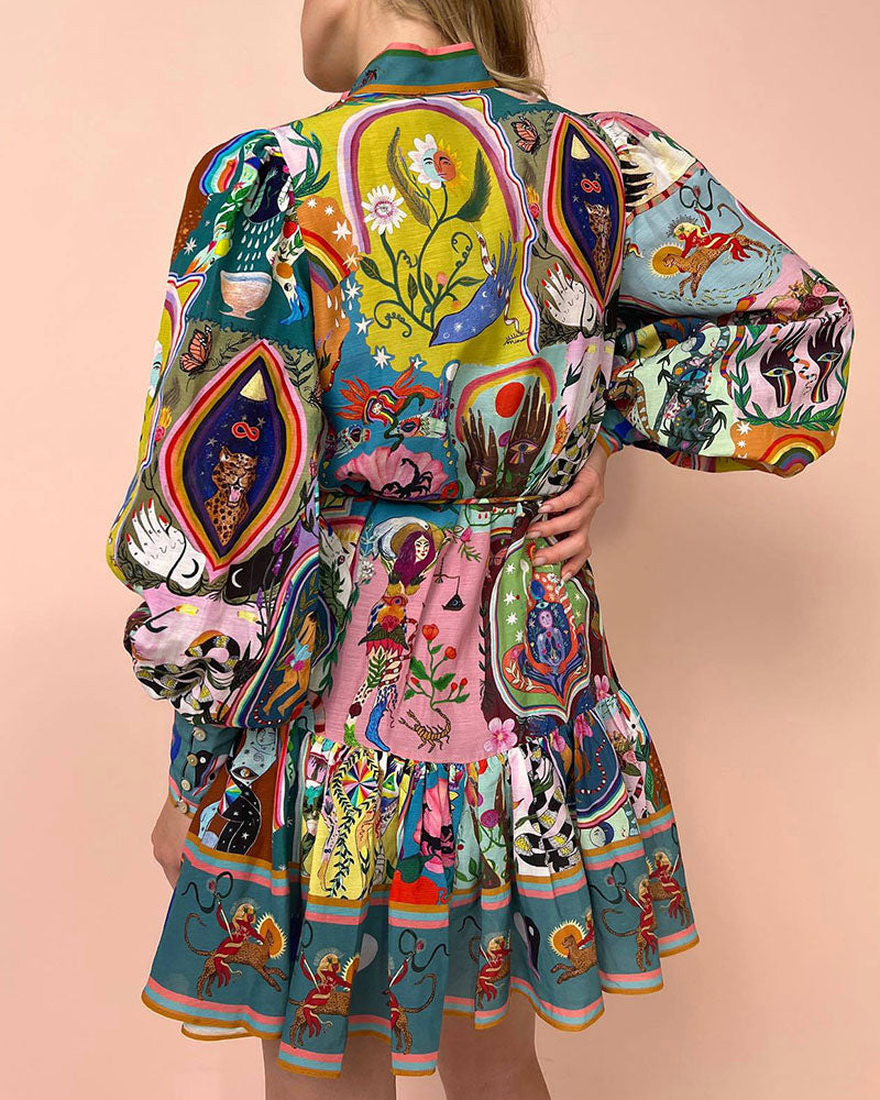 GR | Kleid Laternenärmel Knopfleiste Langärmeliges Kleid Minikleid