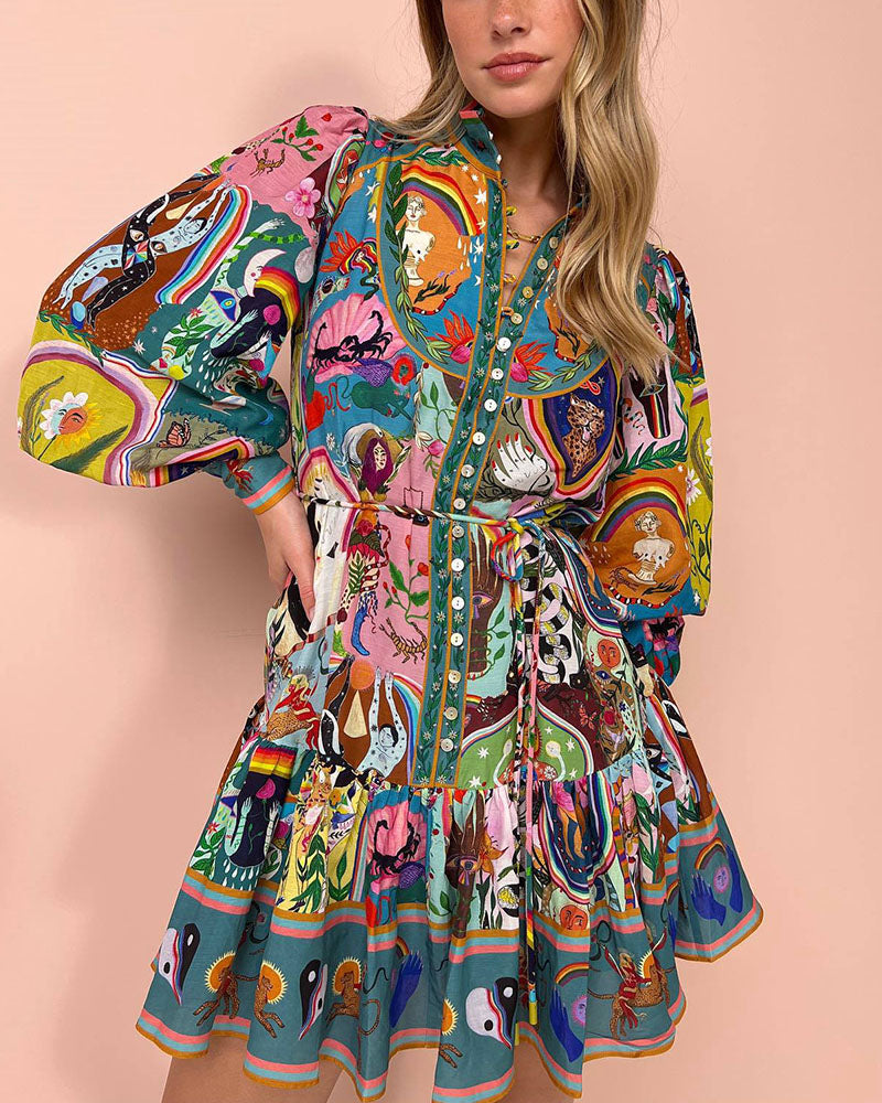 GR | Kleid Laternenärmel Knopfleiste Langärmeliges Kleid Minikleid