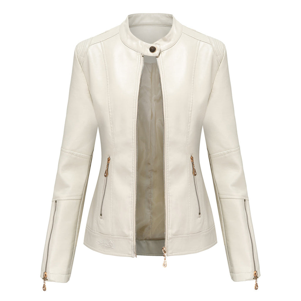 GR | Elegant leather jacket with round neck and button closure for women