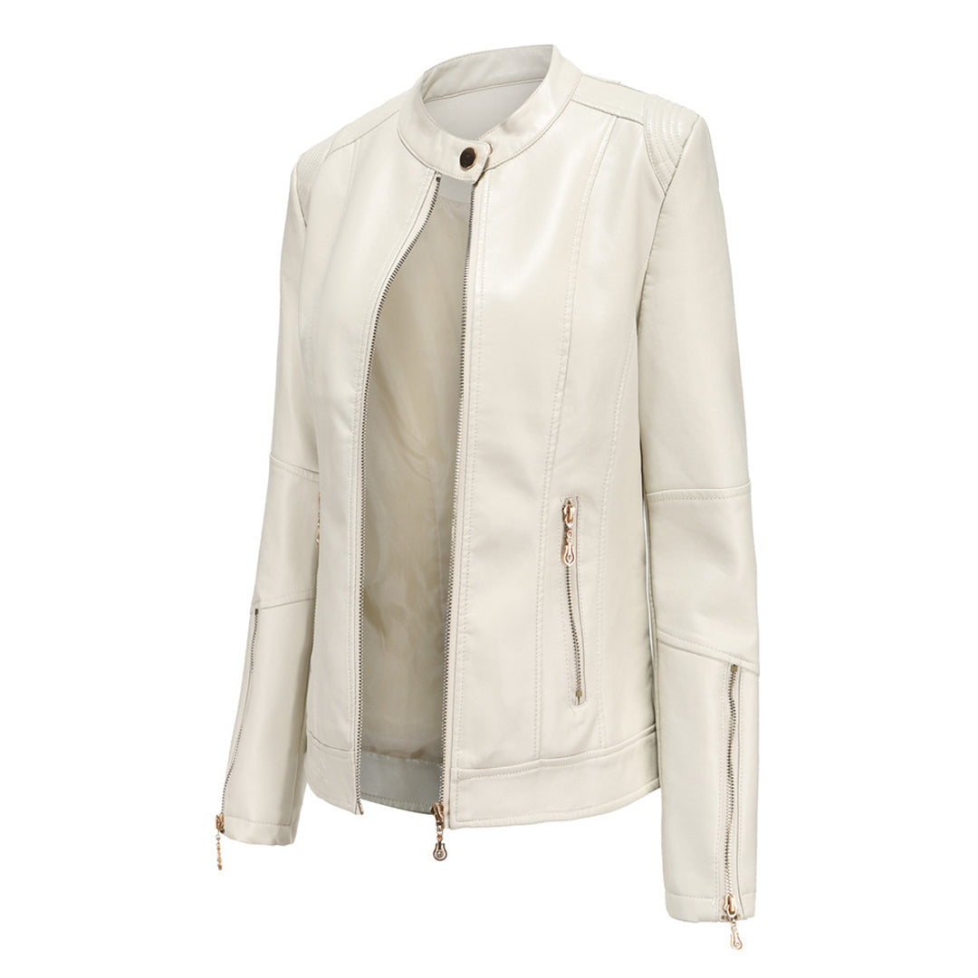 GR | Elegant leather jacket with round neck and button closure for women