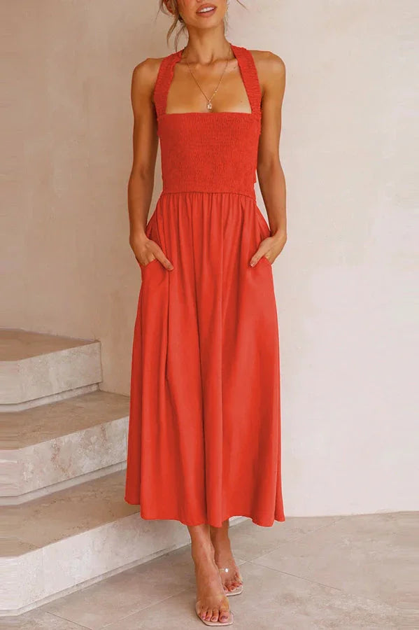 GR | Midi Kleid mit Taschen und gekreuzten Rüschen auf dem Rücken