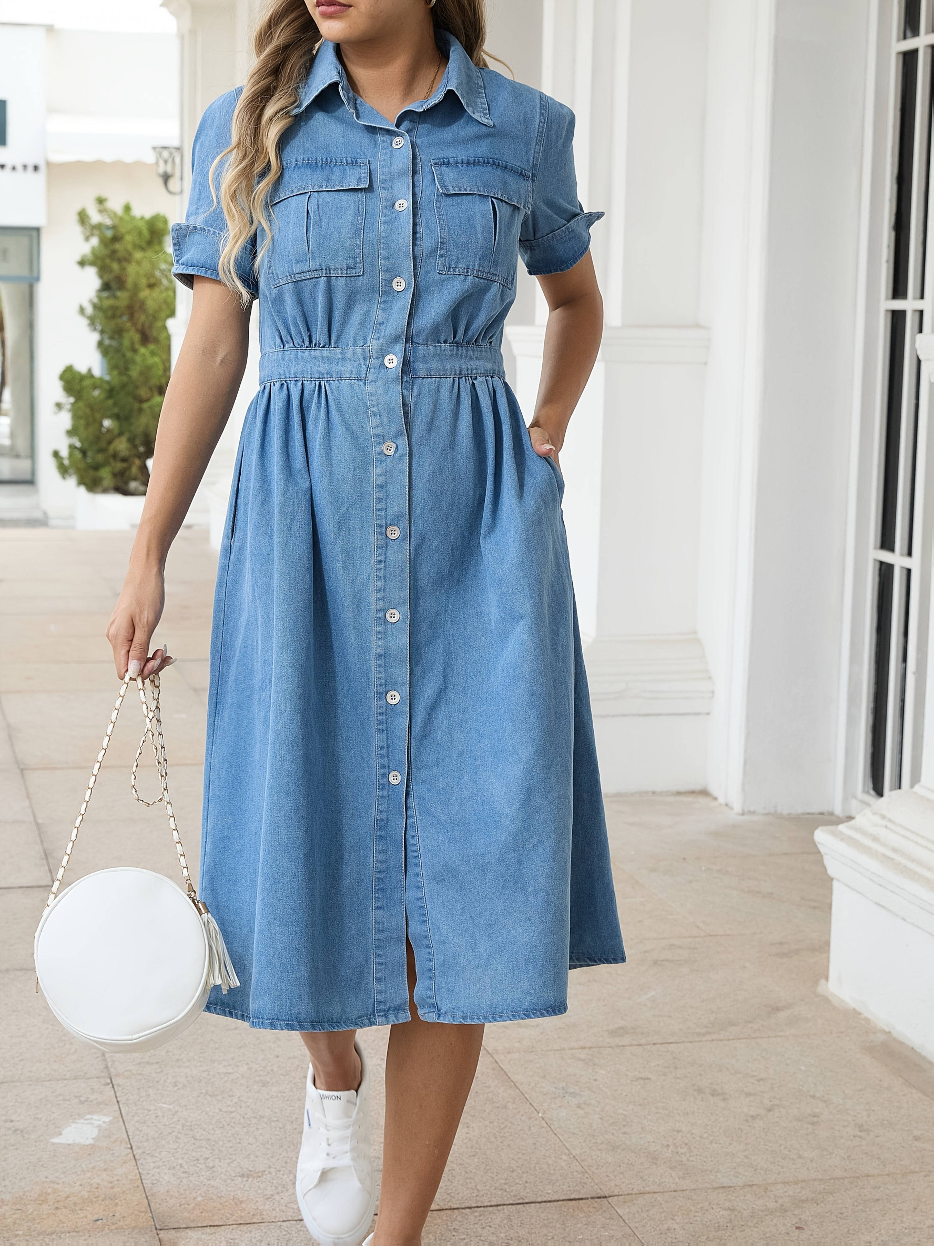 GR | Stylische Denim Midi Kleid Mit Knopfverschluss