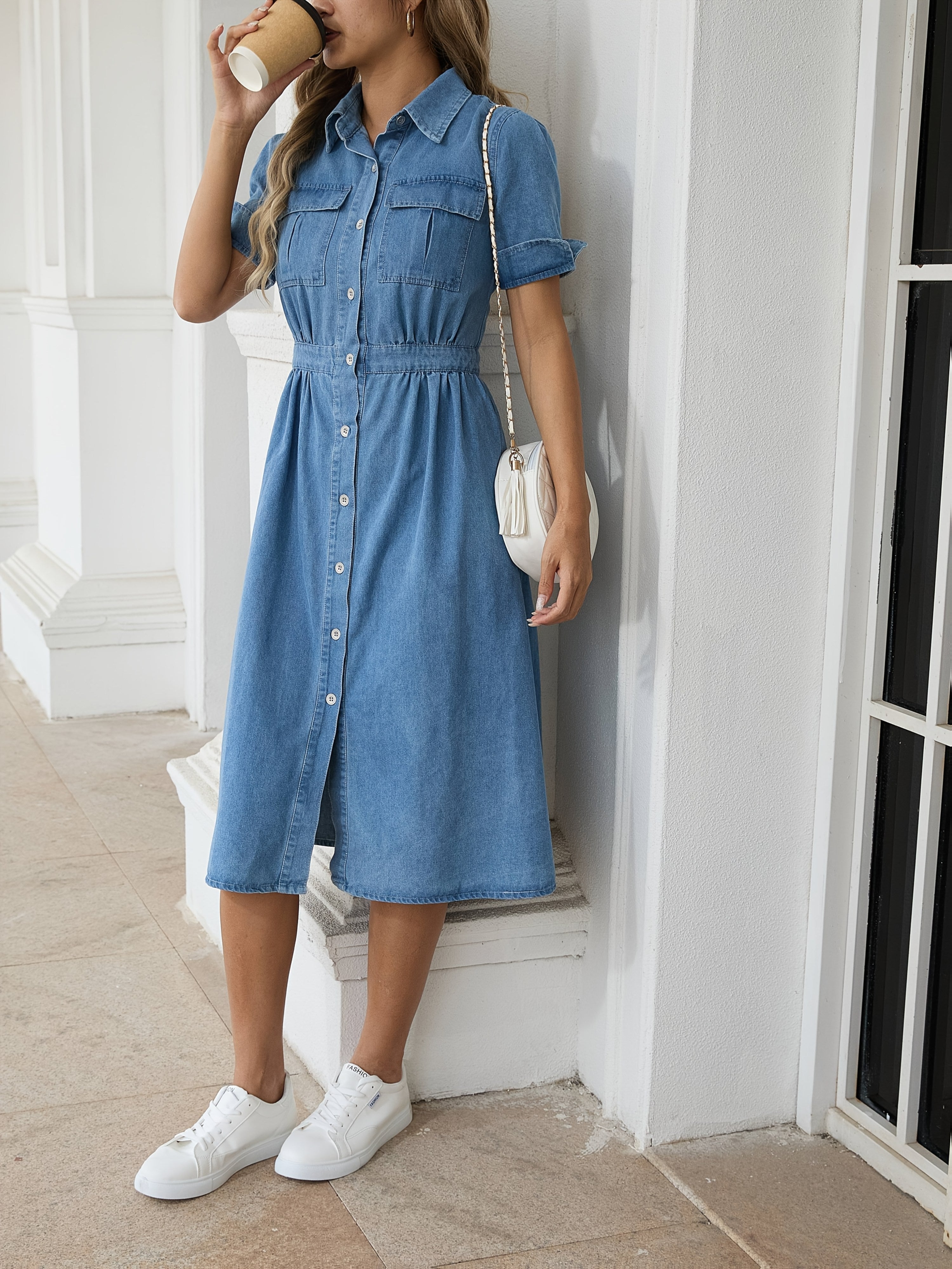 GR | Stylische Denim Midi Kleid Mit Knopfverschluss