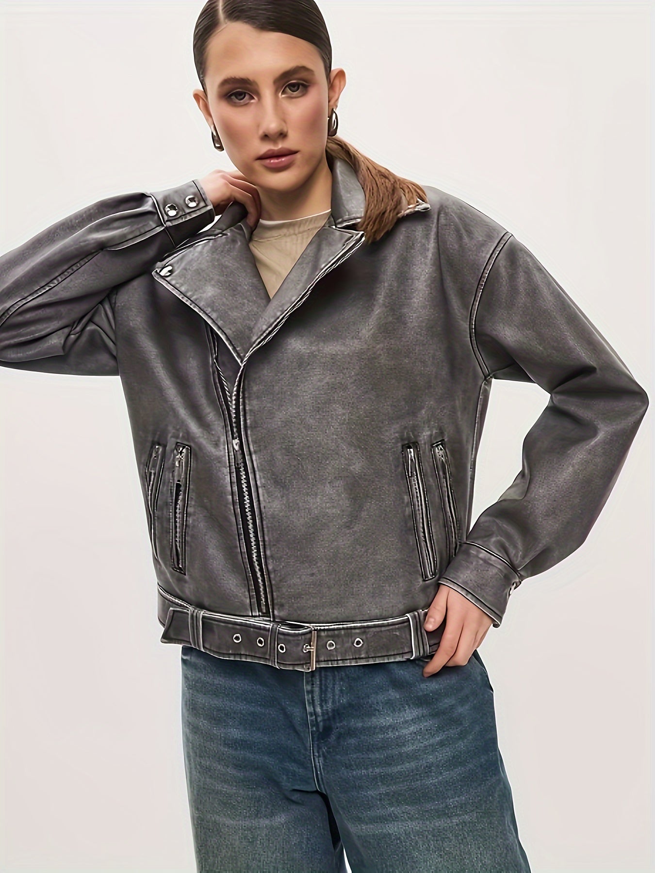 GR | Women's Oversized Leather Jacket with Belt